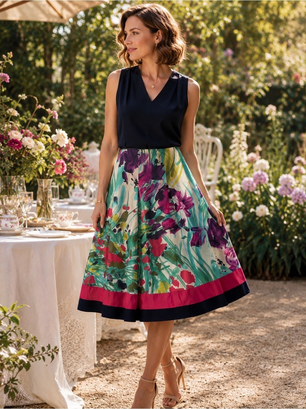 100% Silk Floral Skirt Pink Teal Watercolor Print Size 16